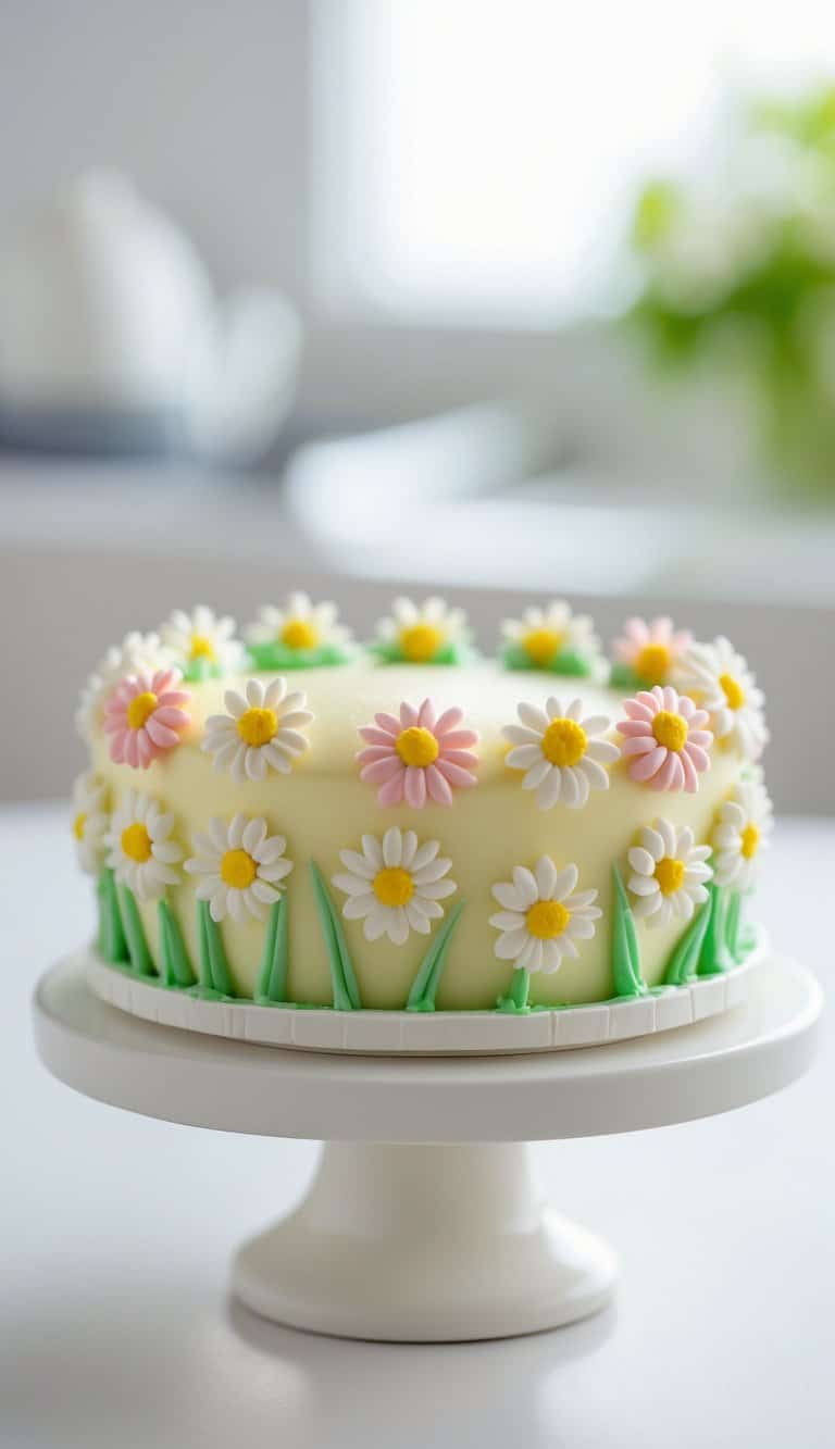 A mini cake decorated with small daisy flowers on a white cake stand against a plain background in a bright kitchen.