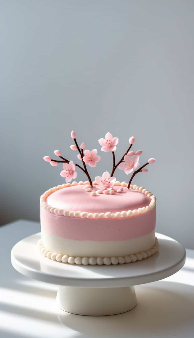 Mini round cake with pink cherry blossom decorations on a white cake stand against a plain background in a bright kitchen.