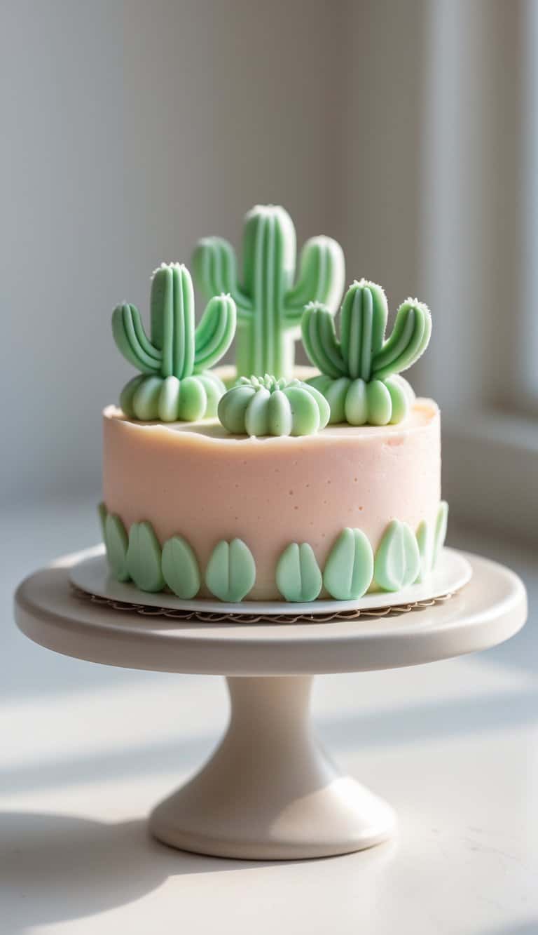 A mini cake with cactus-shaped edible decorations sits on a cake stand on a clean surface against a plain background in a bright kitchen.