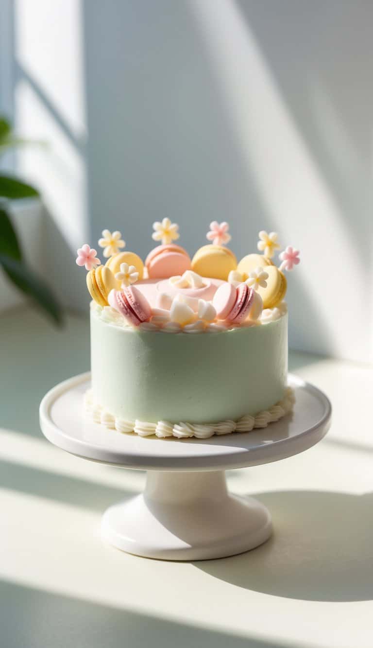A mini cake with smooth frosting and flower-shaped decorations sits on a white cake stand on a clean surface in a bright kitchen.