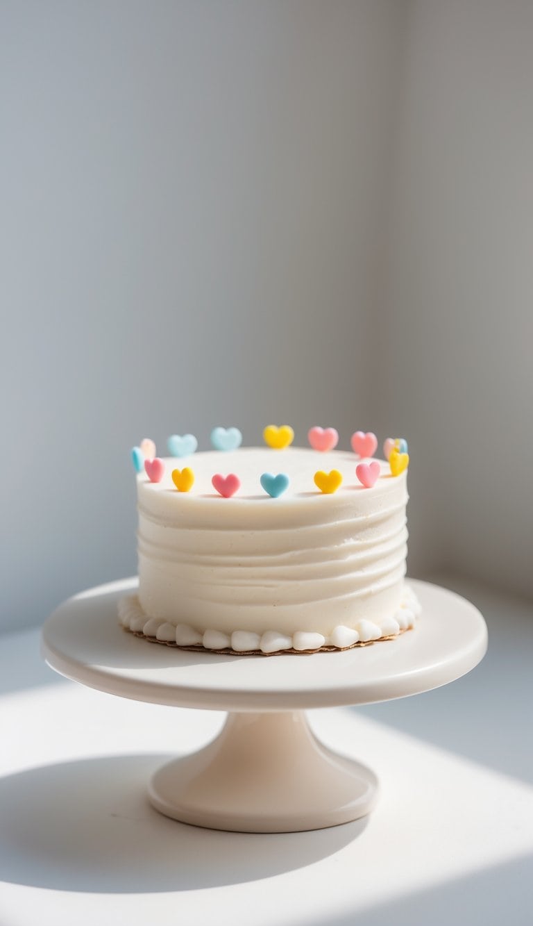 A mini cake with smooth frosting and tiny edible heart decorations sits on a cake stand on a clean surface against a plain background in a brightly lit kitchen.