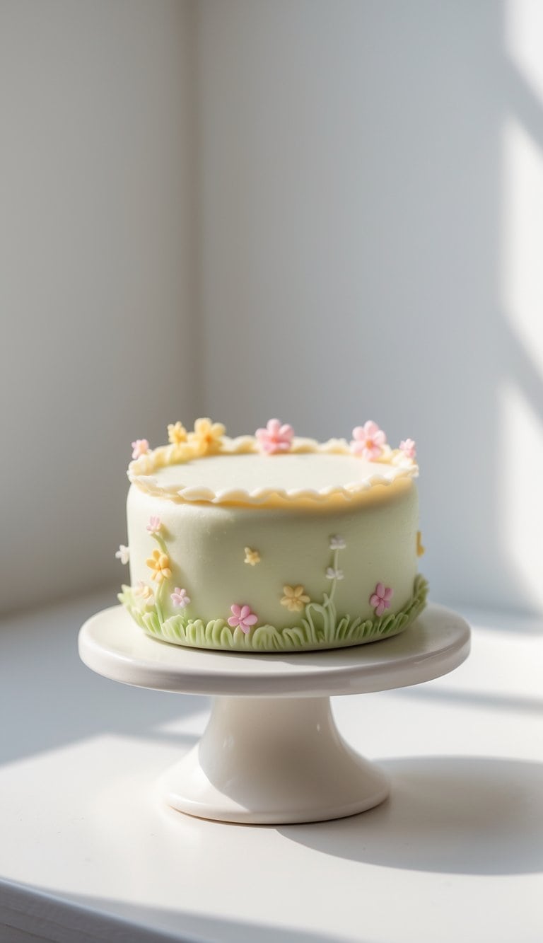 A mini cake with smooth frosting and floral decorations on a cake stand against a plain background in a bright kitchen.