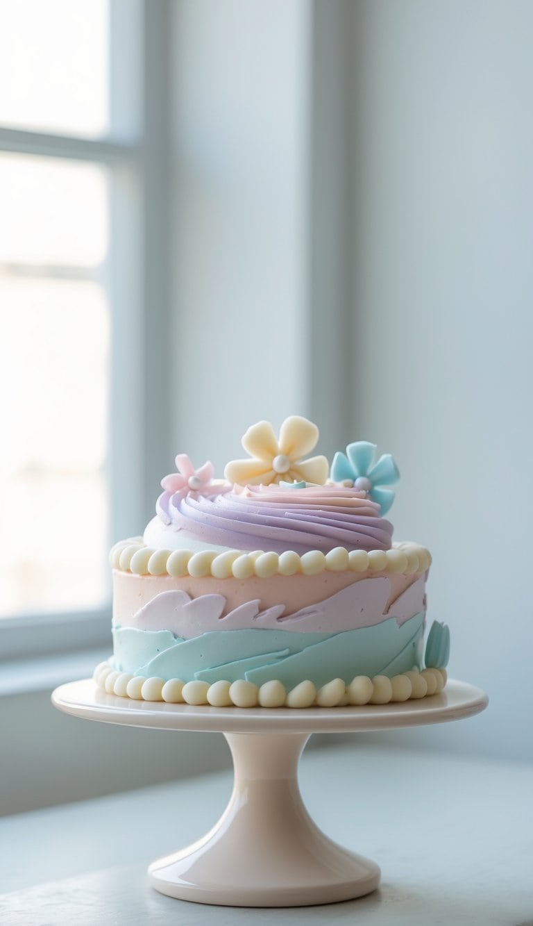Mini pastel-colored cake with smooth frosting and decorative borders on a cake stand in a bright kitchen.