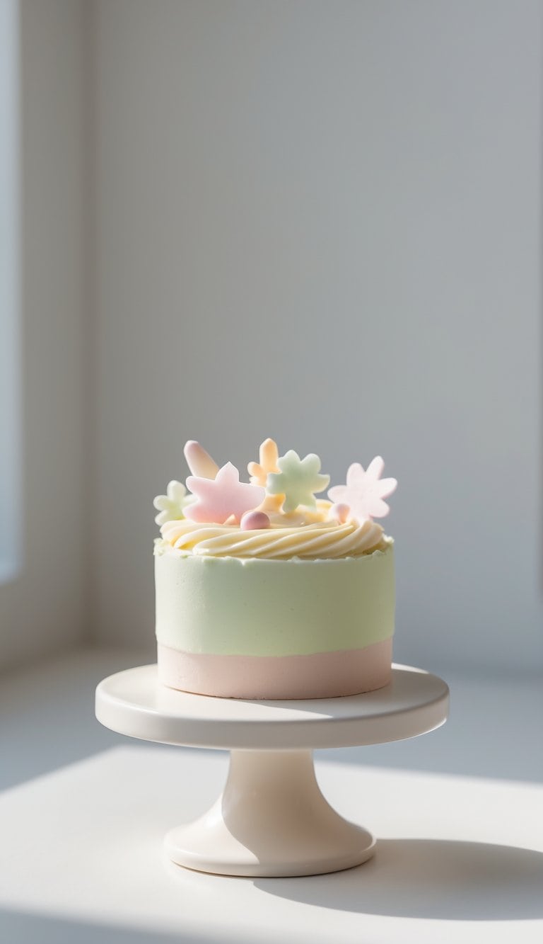 A mini cake on a cake stand on a clean surface against a plain background in a bright kitchen.