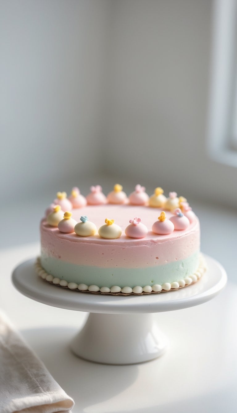 A mini cake with smooth frosting and decorative toppings on a cake stand, placed on a clean surface against a plain background in a bright kitchen.