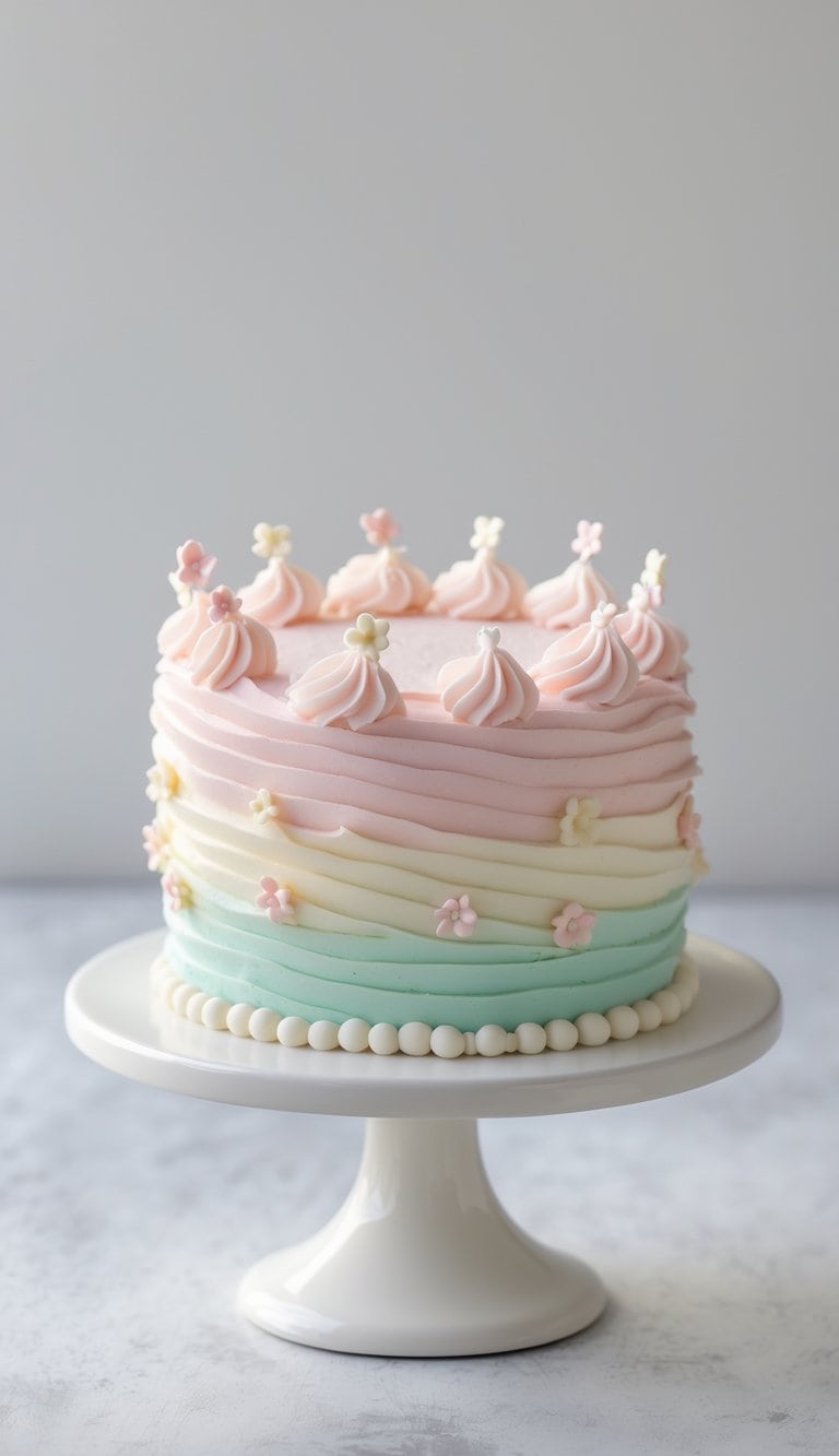 Mini cake with pink and white frosting swirls on a cake stand in a bright kitchen with a plain background.