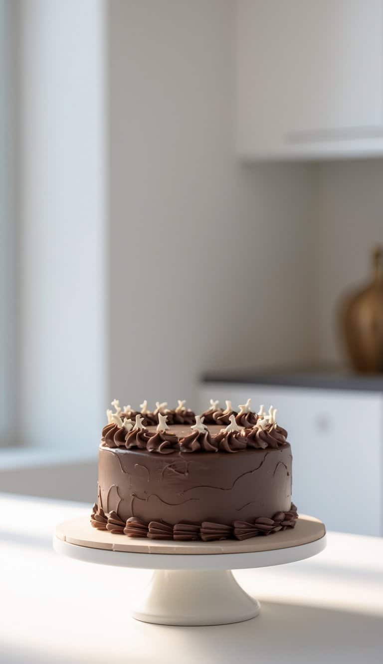 Mini chocolate ganache cake on a white cake stand on a clean surface with a plain background in a bright kitchen.
