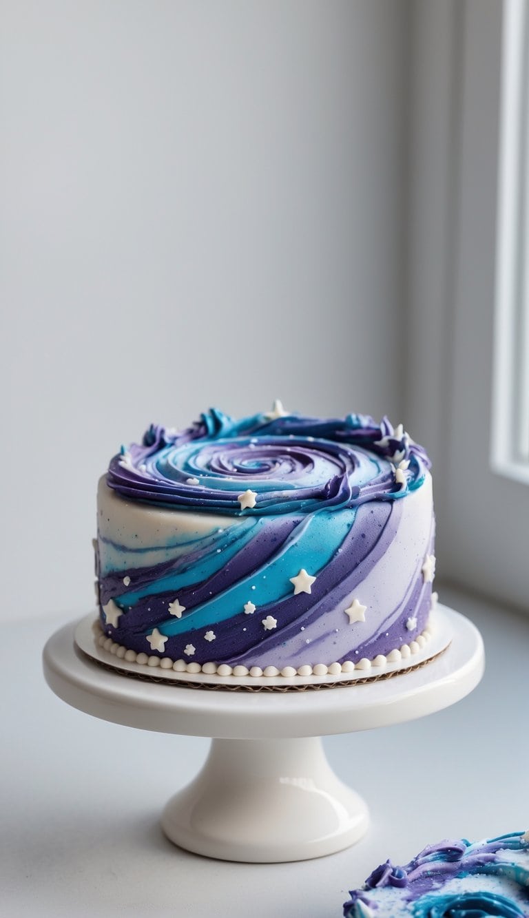 A mini galaxy swirl buttercream cake decorated with small star-shaped edible decorations on a white cake stand, placed on a clean surface against a plain background in a bright kitchen.