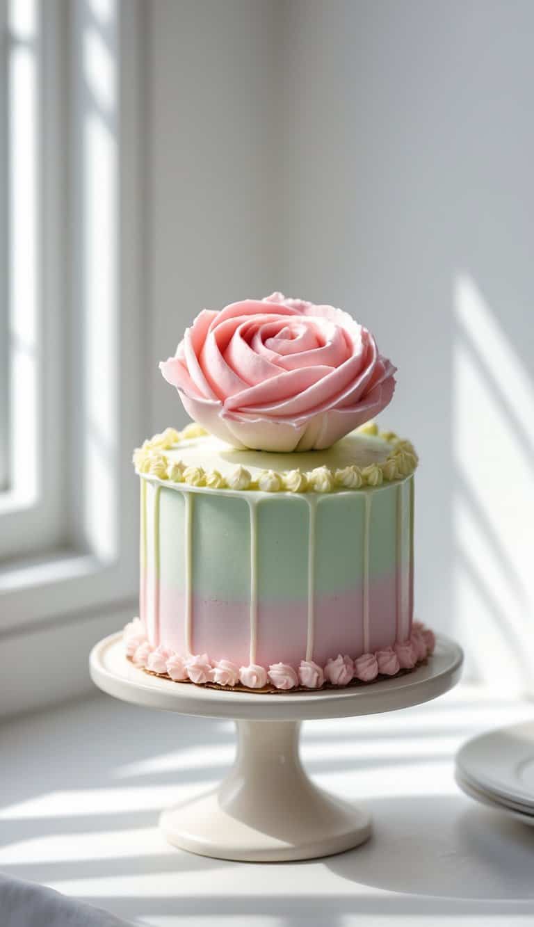 A mini cake with a large piped buttercream rose on top sits on a cake stand on a clean surface in a bright kitchen.