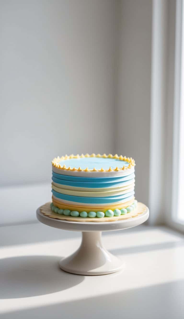A mini cake with striped frosting and decorative borders sits on a cake stand on a clean surface in a bright kitchen.