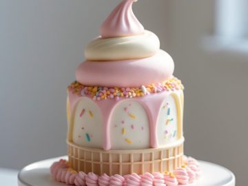 A pastel-colored cake decorated to look like an ice cream cone, with pink and white frosting, sprinkles, and a swirl on top, displayed on a white cake stand in soft natural light.