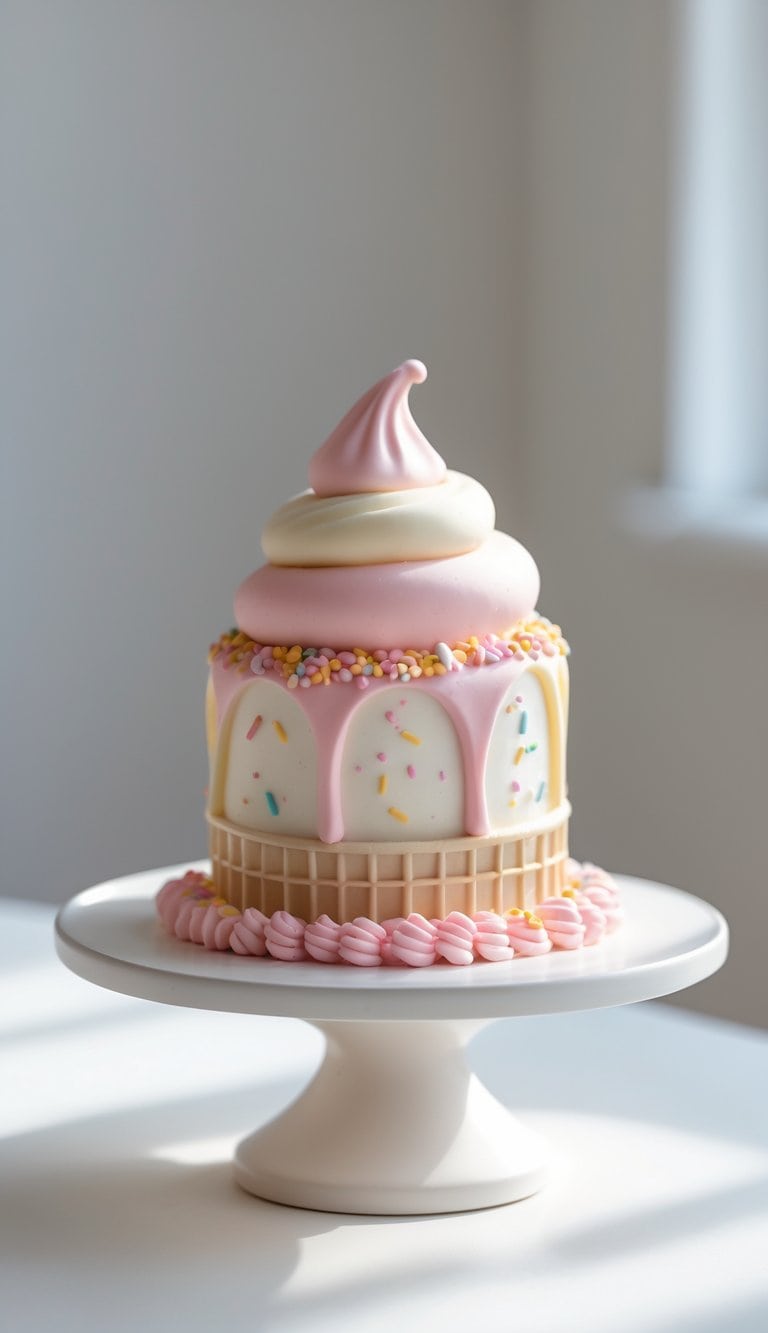 Mini ice cream cone-shaped cake on a white cake stand against a plain background in a bright kitchen.