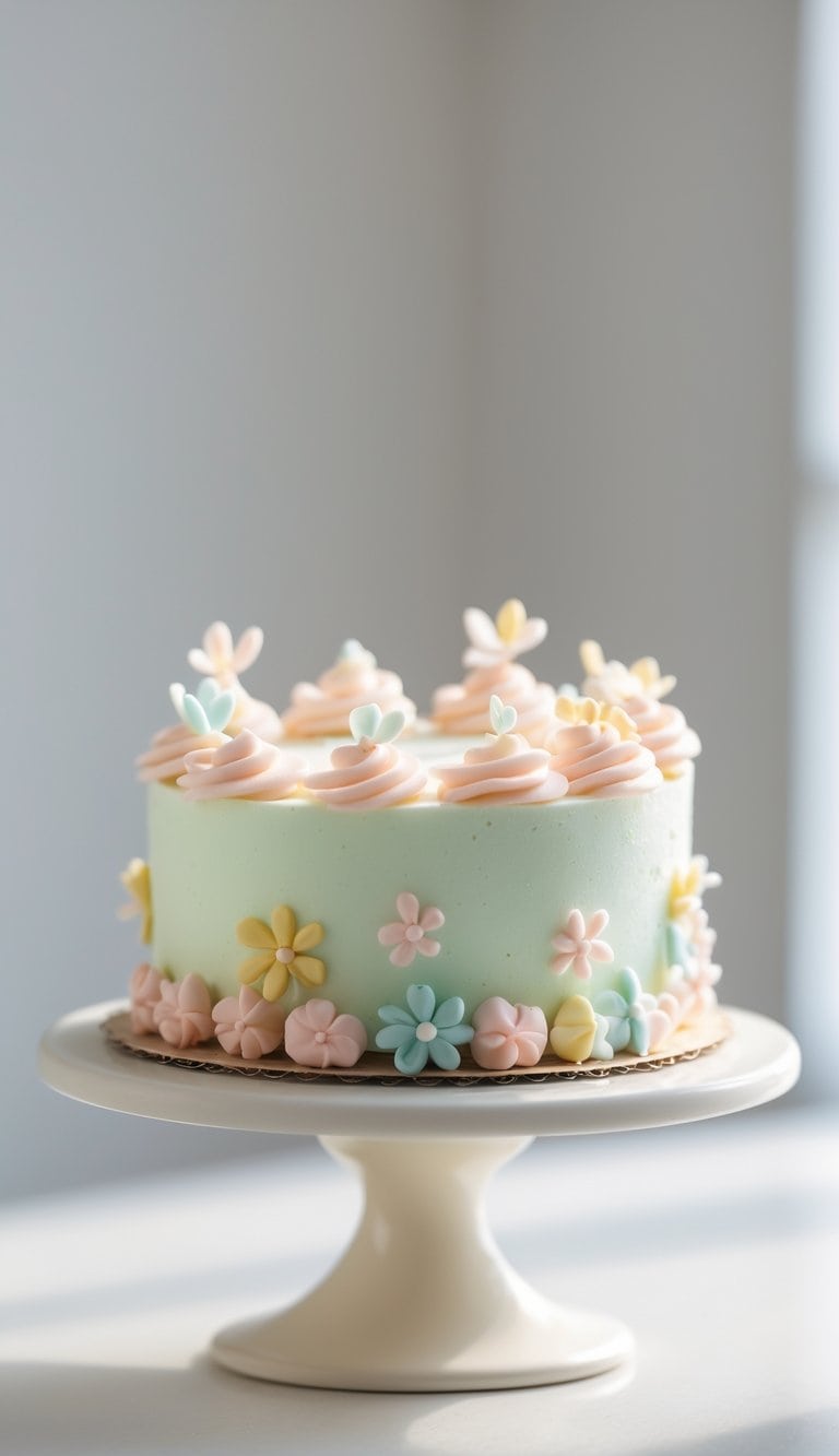 Mini cake with smooth frosting and edible decorations on a cake stand on a clean surface against a plain background in a bright kitchen.