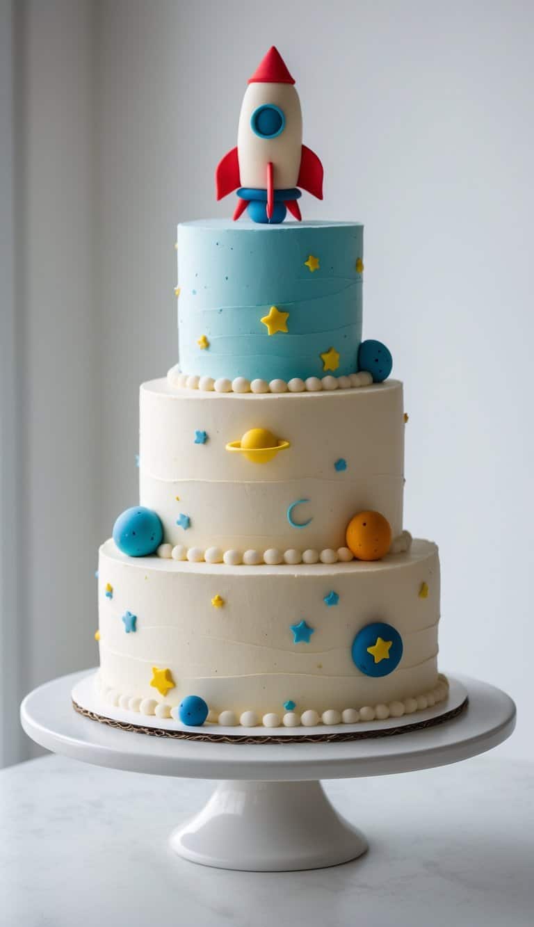 Three-tier cake with a rocket ship topper and space-themed decorations on a cake stand in a bright kitchen.