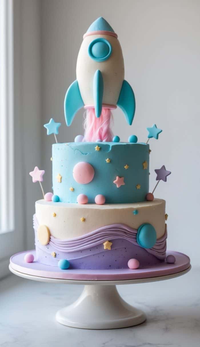 A two-tiered cake decorated with pastel planets, stars, and a large rocket ship topper. The lower tier is purple with waves, the upper tier is blue with dots, and the entire cake has a whimsical space theme.