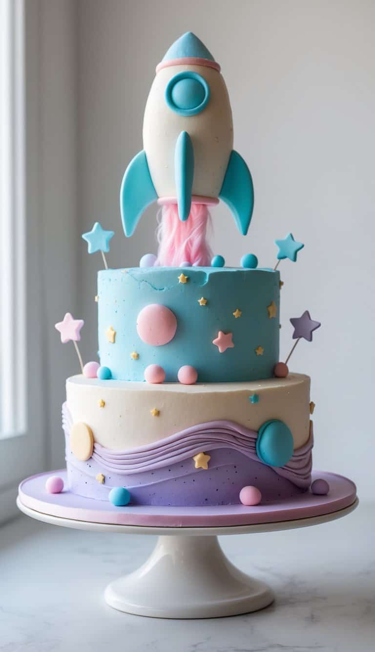 Two-tier space-themed cake with rocket and star decorations on a cake stand on a clean surface in a bright kitchen.
