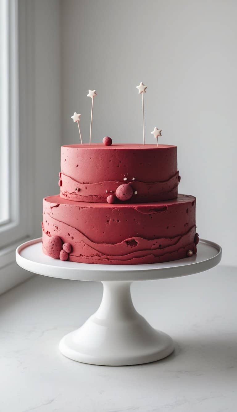 Two-tier red velvet cake with space-themed decorations on a white cake stand against a plain background in a bright kitchen.