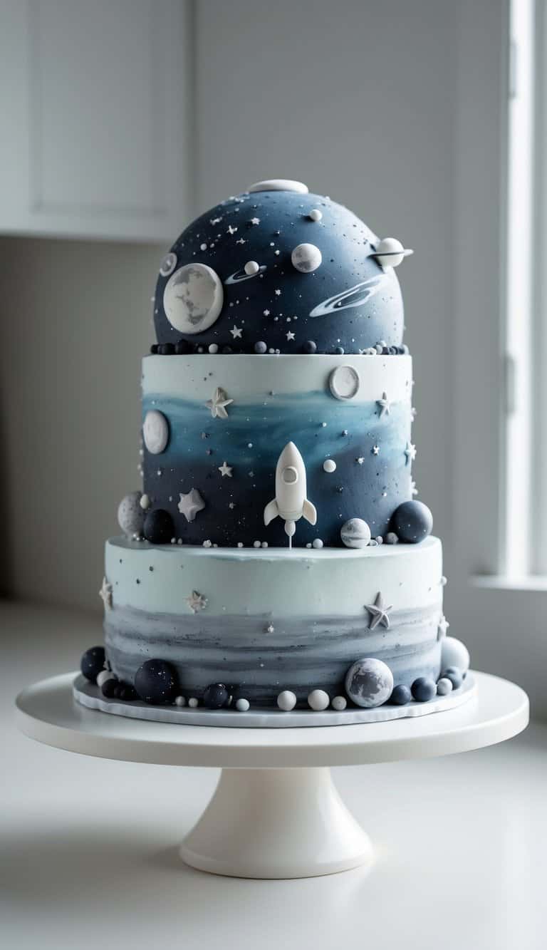 A three-tier space-themed cake with a dome-shaped top tier decorated with stars and planets, displayed on a white cake stand on a clean surface in a bright kitchen.