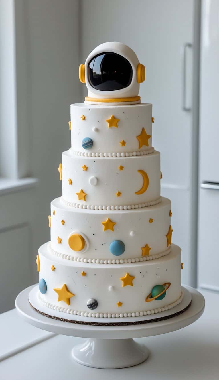 A three-tier space-themed cake with stars, planets, and a small cosmonaut helmet decoration, displayed on a white cake stand on a clean surface in a bright kitchen.