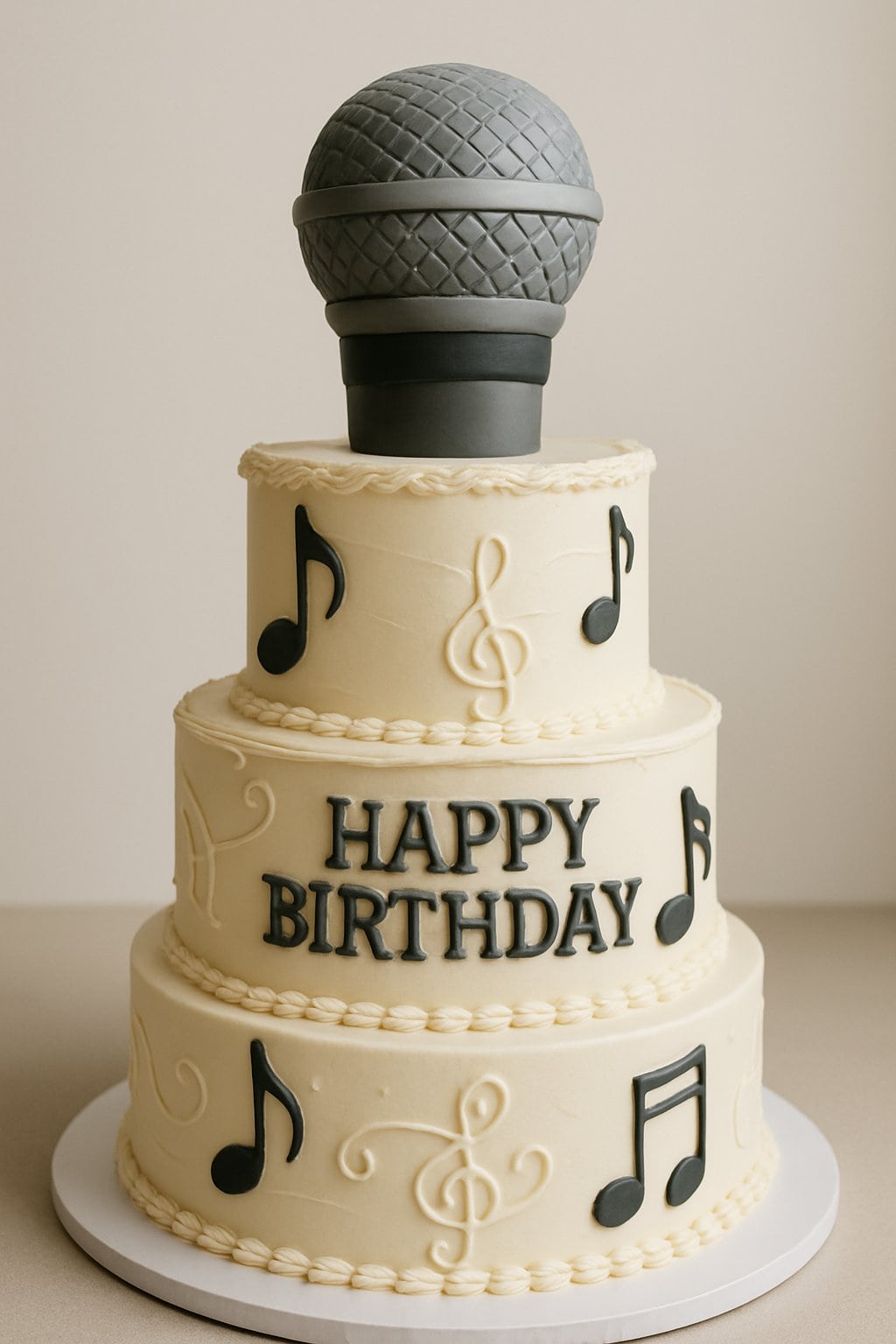 A tiered birthday cake shaped like a microphone with music-themed decorations on a clean background.