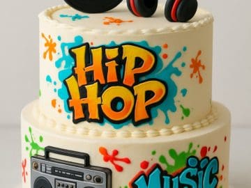 Two-tier white cake decorated with graffiti-style "Hip Hop" and "Music" text, colorful paint splatters, and edible decorations of a vinyl record, headphones, and a boombox.