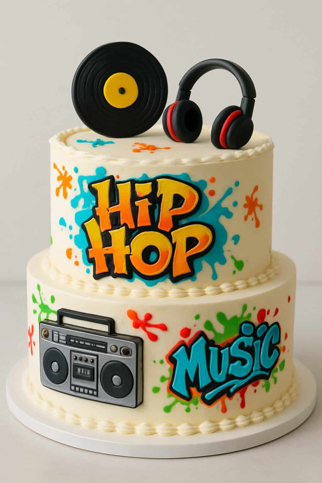 A tiered cake decorated with colorful music-themed designs, including graffiti-style art and musical elements, displayed on a clean surface.