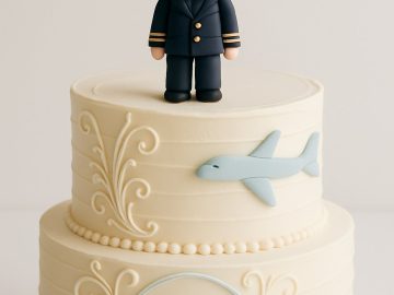A two-tiered white cake decorated with swirls, a blue plane, and an aviator emblem, topped with a fondant figure of a smiling pilot in a navy uniform and hat.