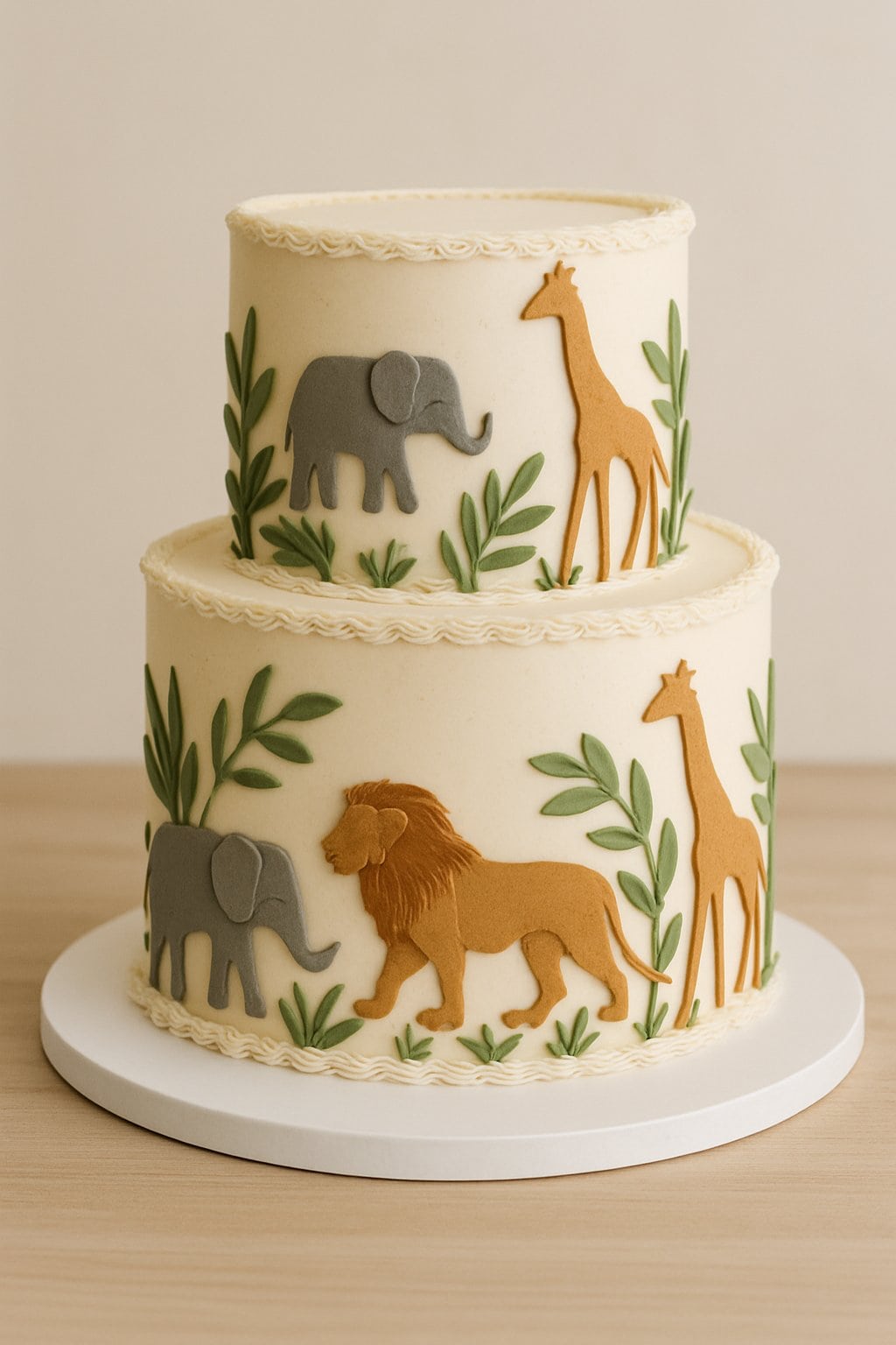 A tiered cake decorated with animal silhouettes and foliage, displayed on a plain surface with natural lighting.