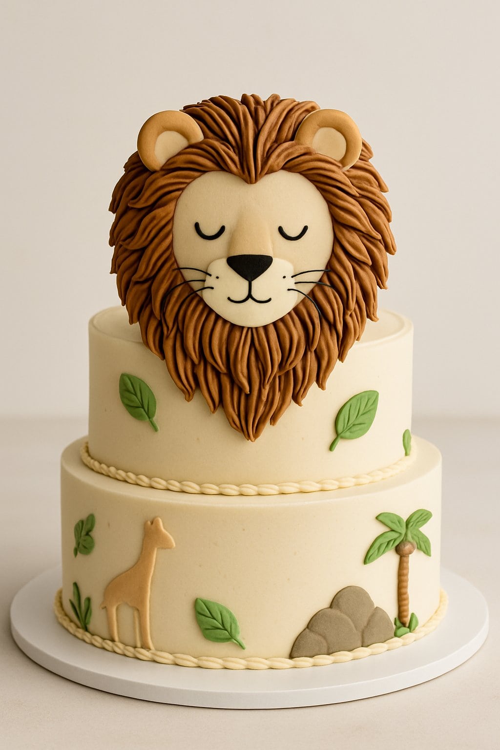 A tiered cake with a lion face and fondant mane, decorated with buttercream frosting and edible accents, shown in full view on a plain background.