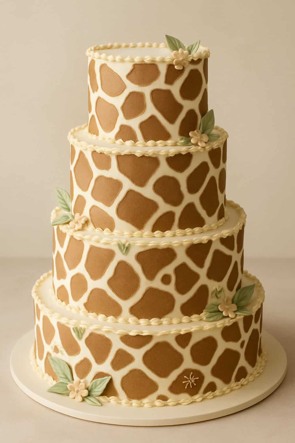 A full view of a tiered cake decorated with giraffe print patterns and edible floral decorations on a plain background.