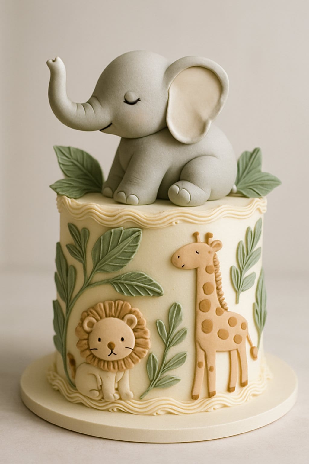 A full view of a tiered elephant-shaped cake decorated with detailed frosting and edible safari-themed decorations on a plain background.