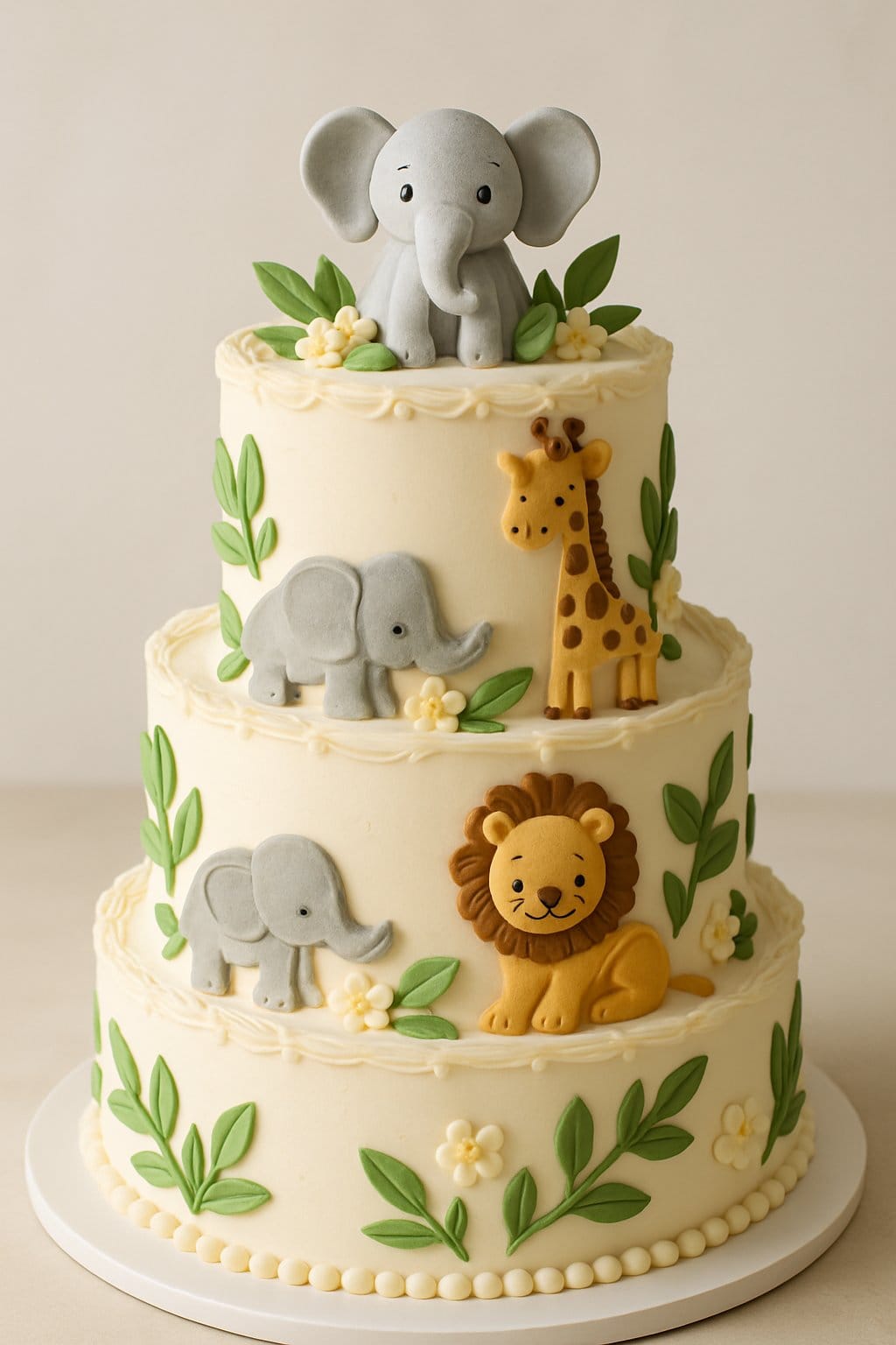 A tiered safari-themed baby shower cake decorated with fondant animals and edible details on a clean background.