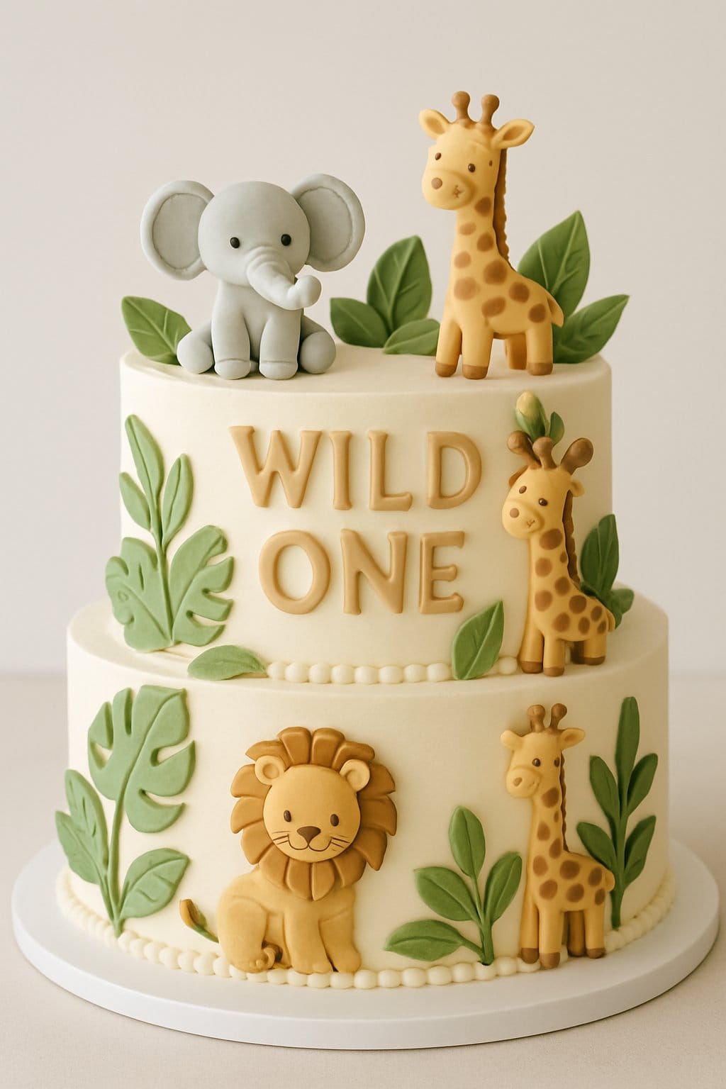 A tiered birthday cake decorated with safari animal figures and leaves, photographed on a clean background.