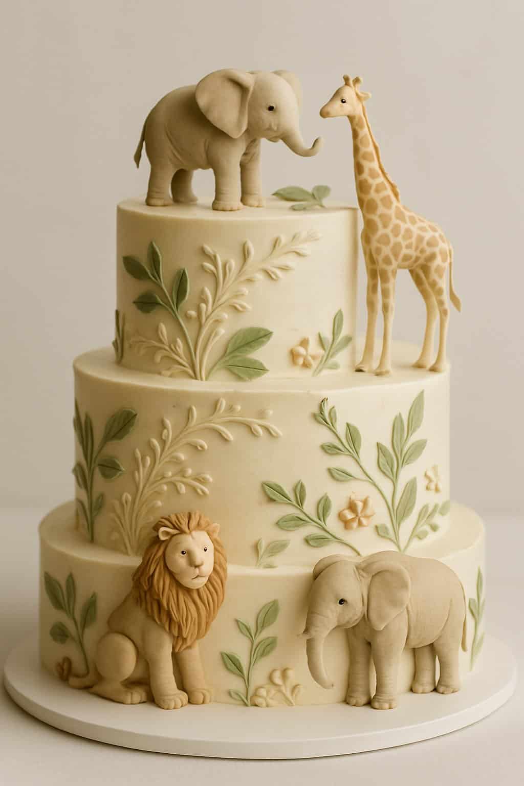 A tiered cake decorated with safari animals and foliage, shown from a full view.