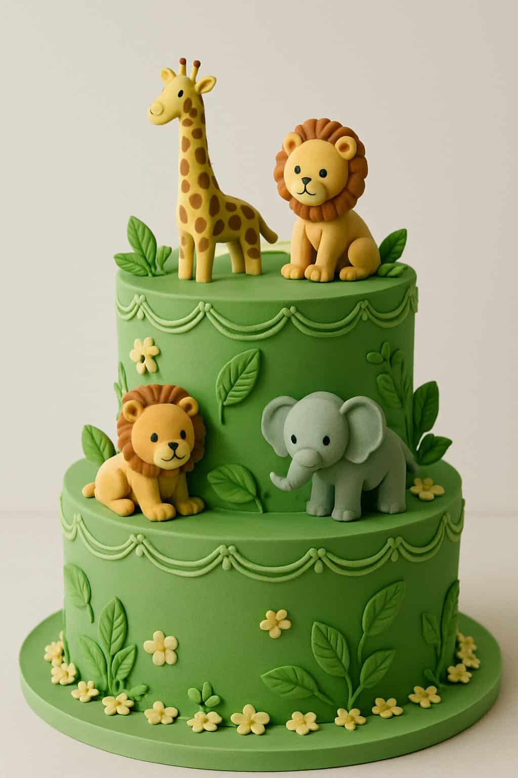 A tiered safari-themed cake with green fondant grass and fondant animal decorations, displayed on a clean background.