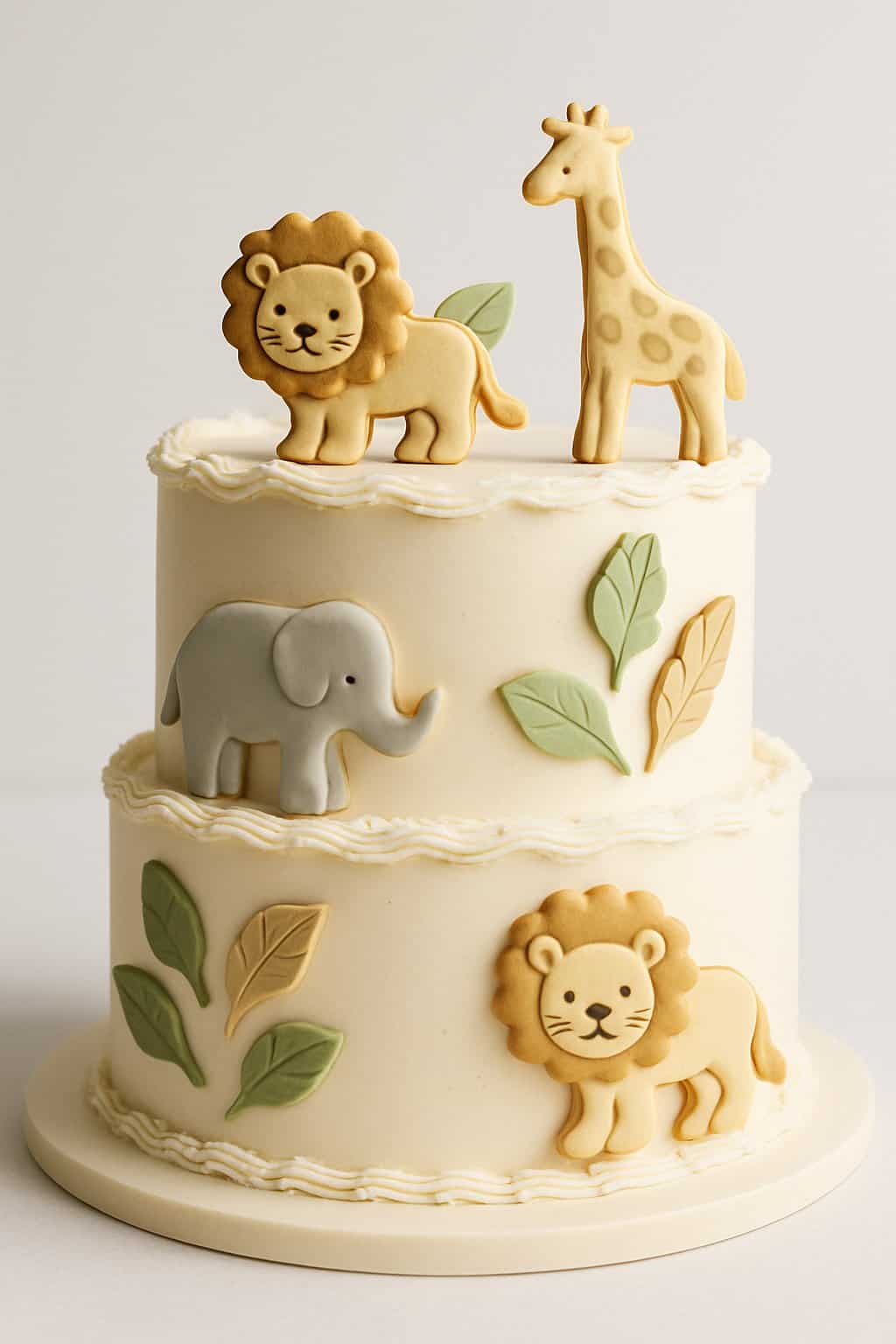 A tiered safari-themed cake decorated with edible animal cookies and elegant frosting, shown in full view against a plain background.