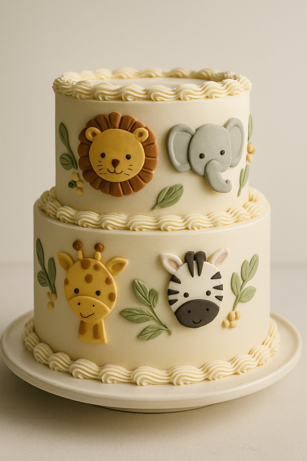 A tiered cake decorated with fondant safari animal faces, displayed on a clean background.