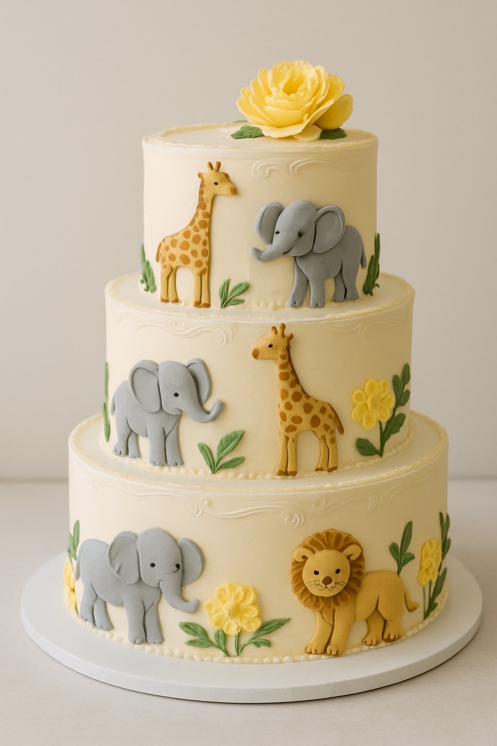 A tiered cake decorated with safari animal figures and yellow flowers on a clean background.