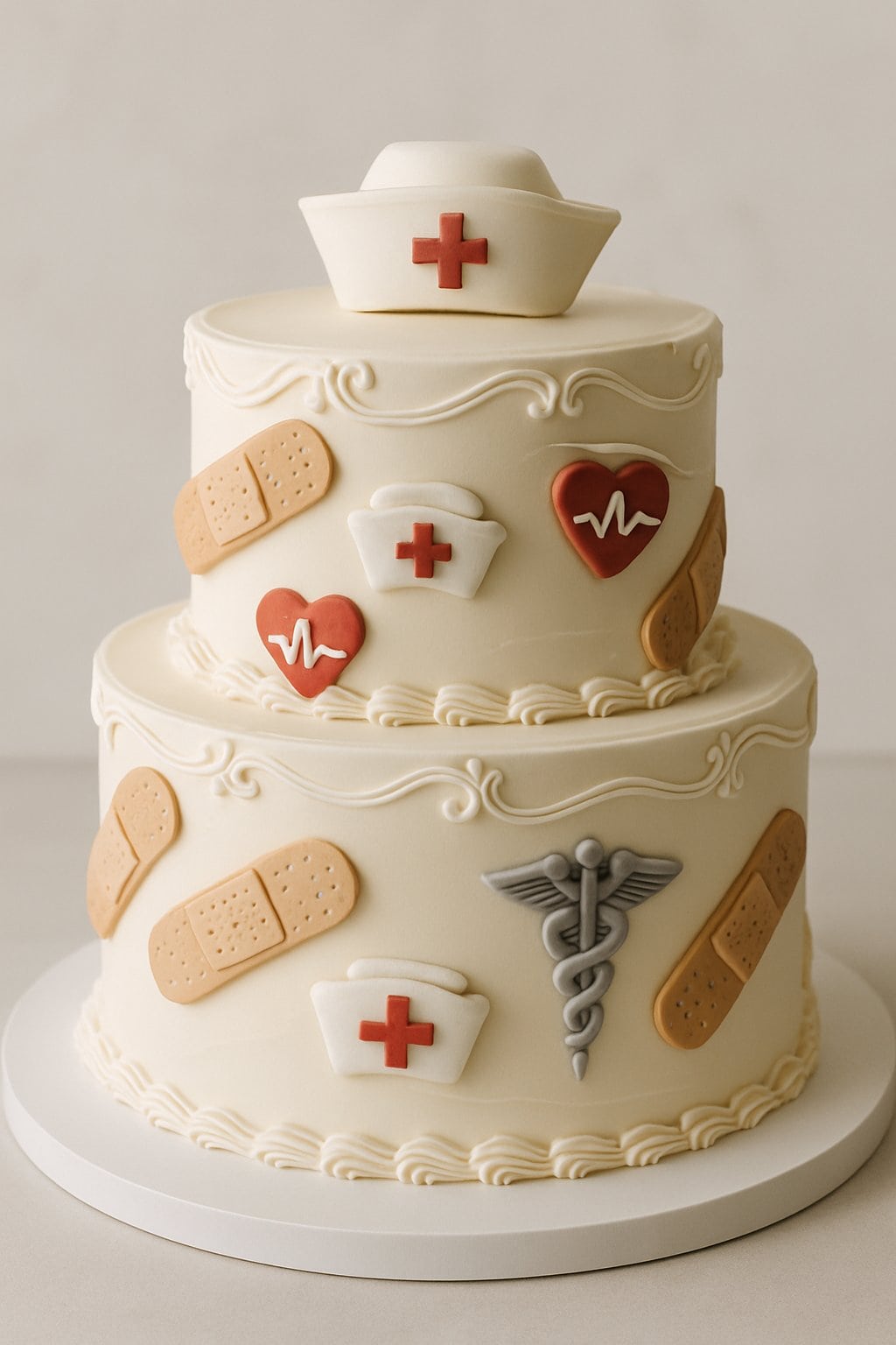 A tiered nurse-themed cake decorated with fondant Band-Aid pieces and nurse symbols on a plain background.