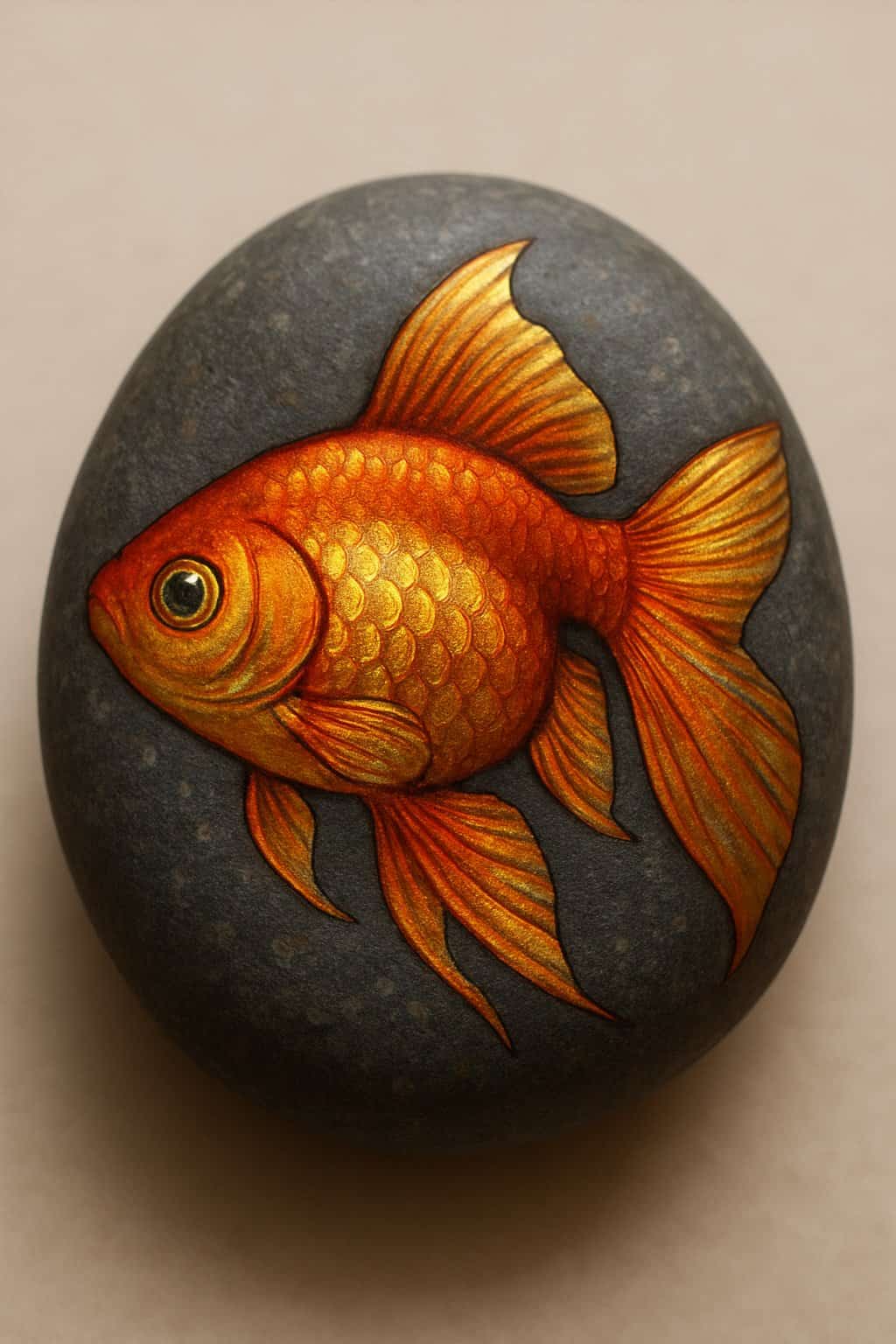A close-up photo of a single smooth river rock painted with a metallic goldfish design on a neutral background.