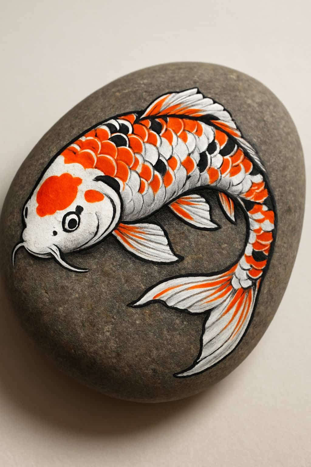 A close-up image of a single smooth river stone painted with a colorful koi fish design on a plain background.