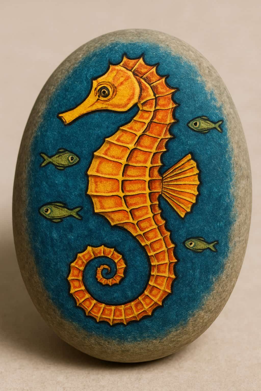 A close-up image of a single painted rock with a seahorse and small fish design on a plain background.