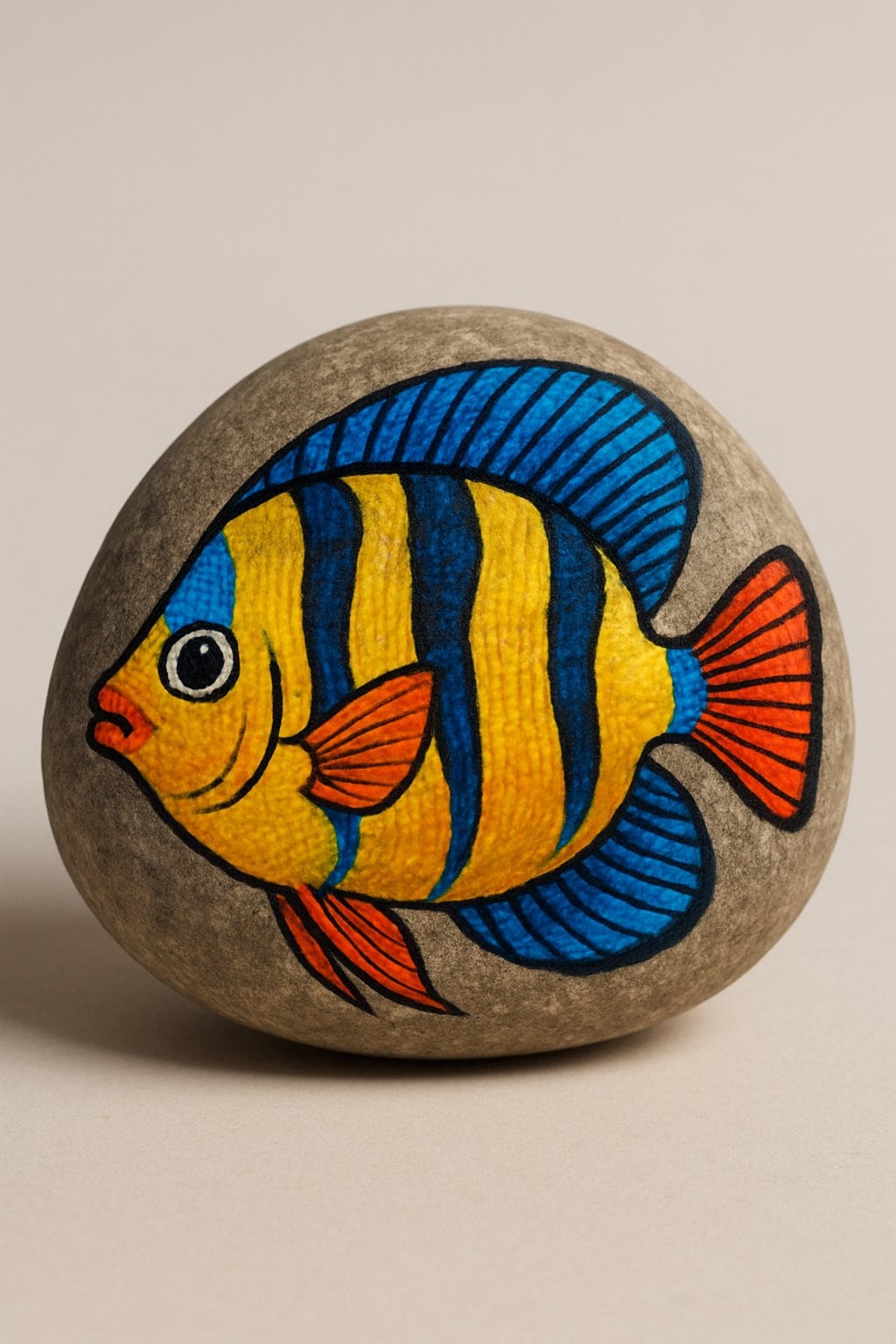 A single painted river rock featuring a colorful tropical fish design on a plain background.