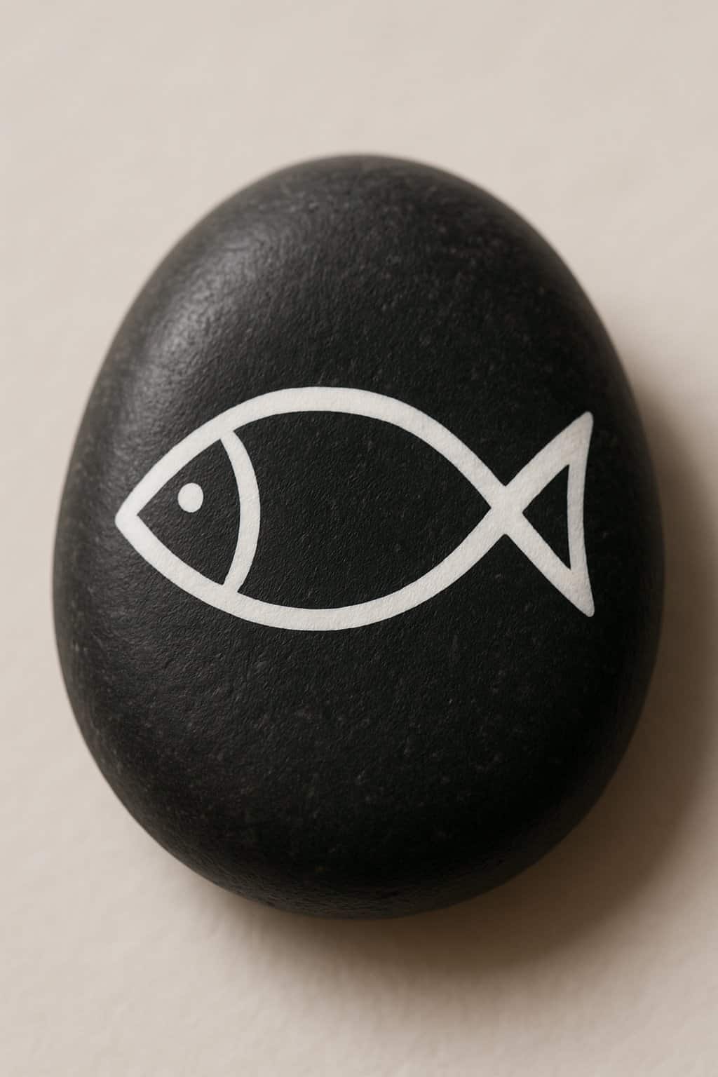 A single smooth black river rock with a white fish silhouette painted on it, shown against a plain background.