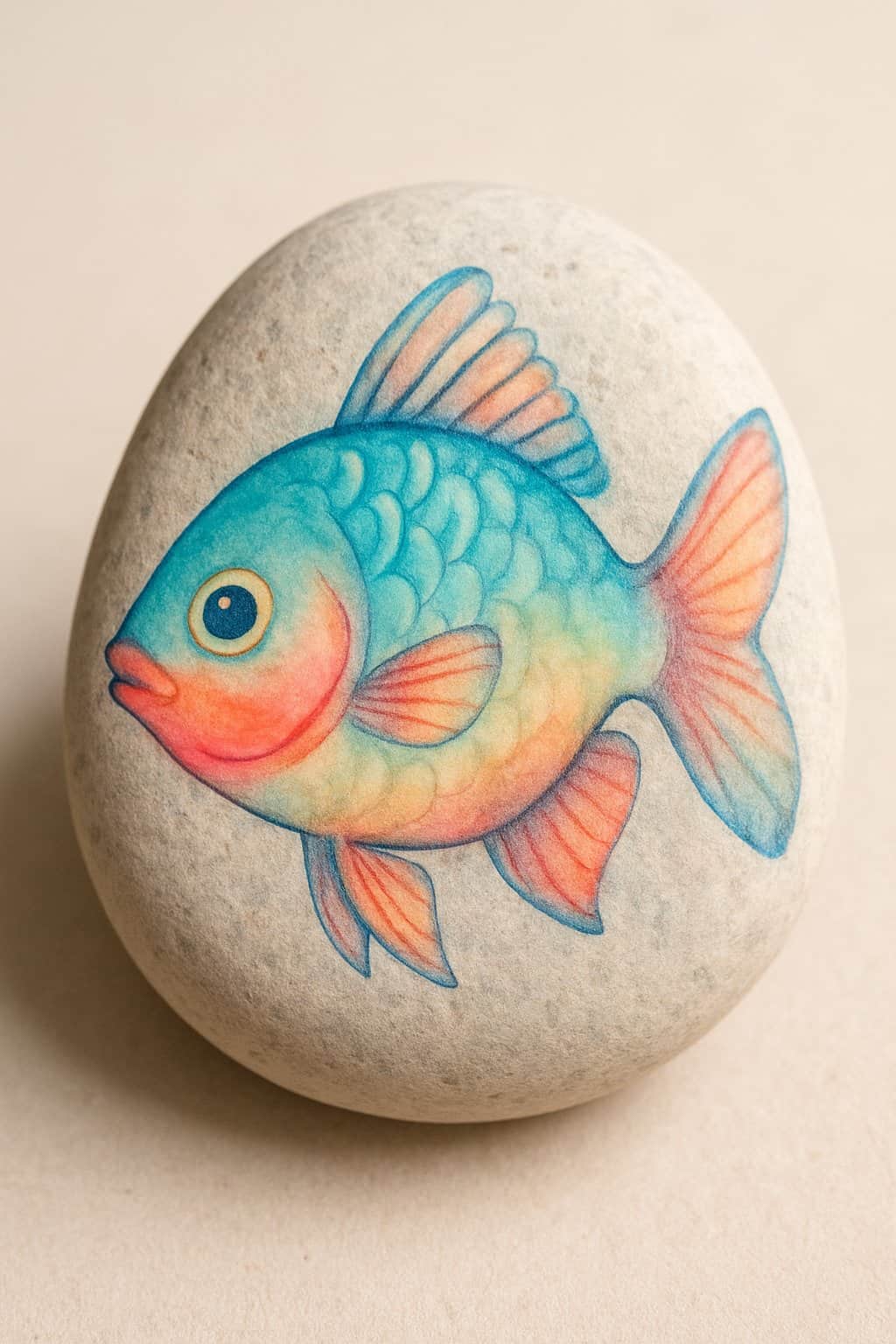 A close-up image of a single smooth river rock painted with a colorful fish design on a plain background.