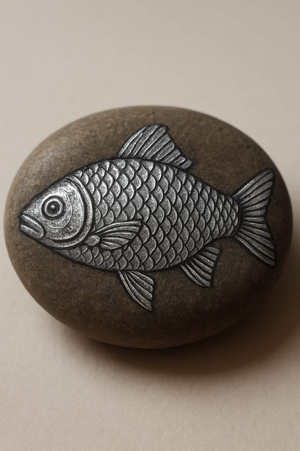 A single smooth river rock painted with a detailed silver fish design, shown against a plain background.