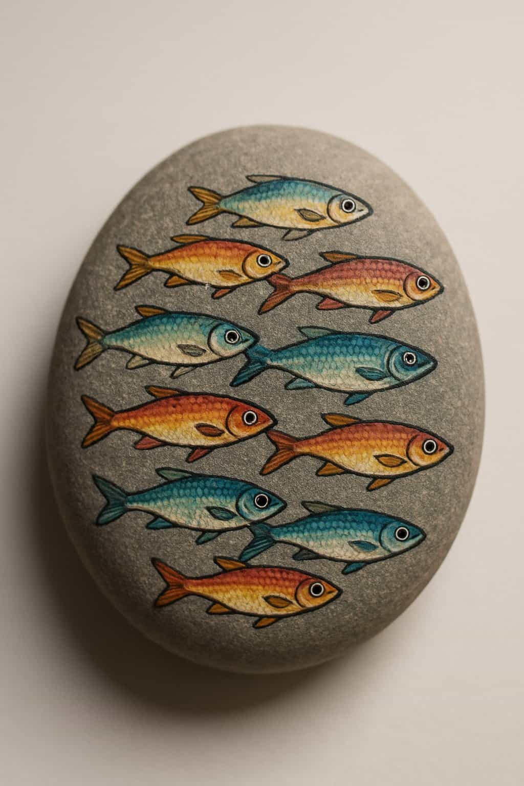 A close-up photo of a single smooth river rock painted with a small school of fish, isolated on a neutral background.
