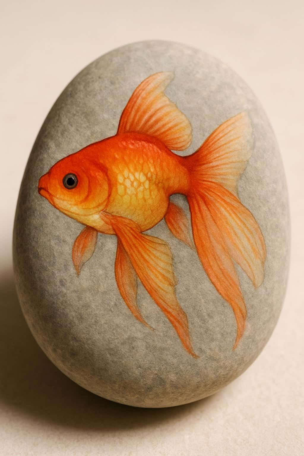 A single smooth river rock painted with a goldfish design on a plain background.