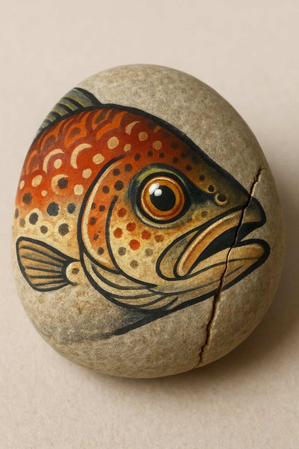 A close-up image of a single smooth river rock painted with a fish head design on a plain background.