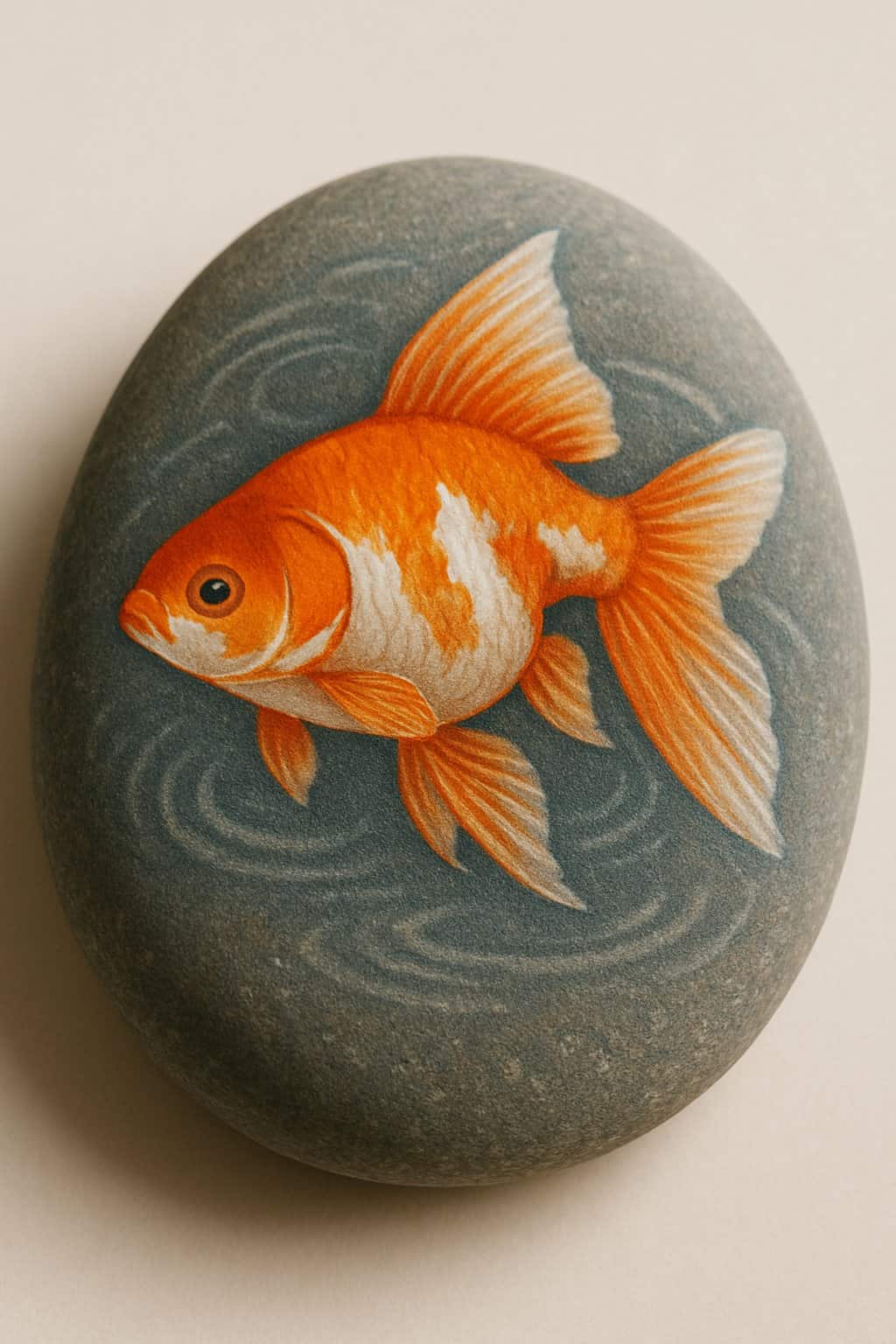 A single smooth river rock painted with a goldfish design, shown against a plain background.